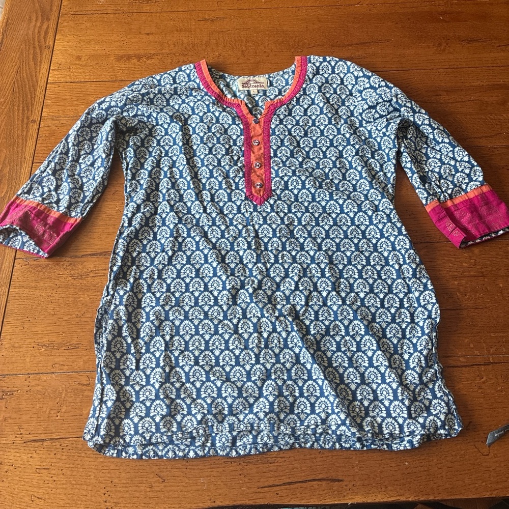 Blue and Pink Embellished Tunic with Cuffed Sleeves
